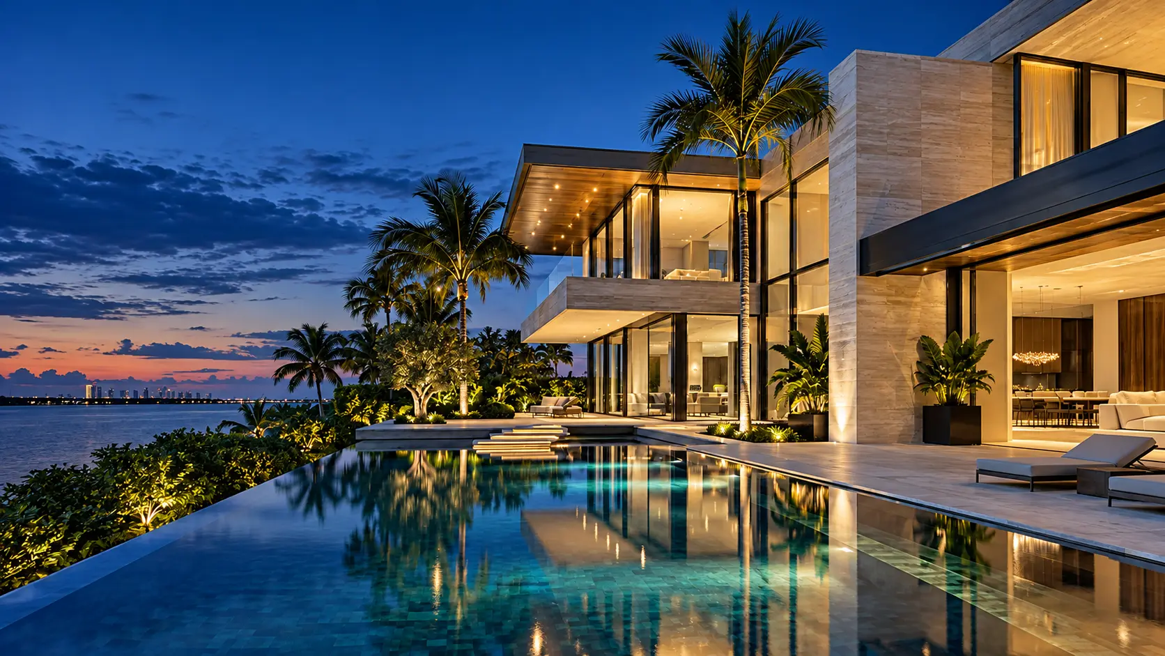 Contemporary Florida-inspired waterfront home with warm architectural lighting